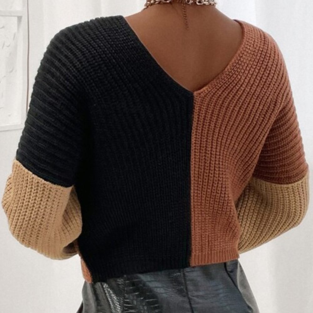 Multi Color Cut And Sew Drop Shoulder Crop Sweater - Picture 3 of 8